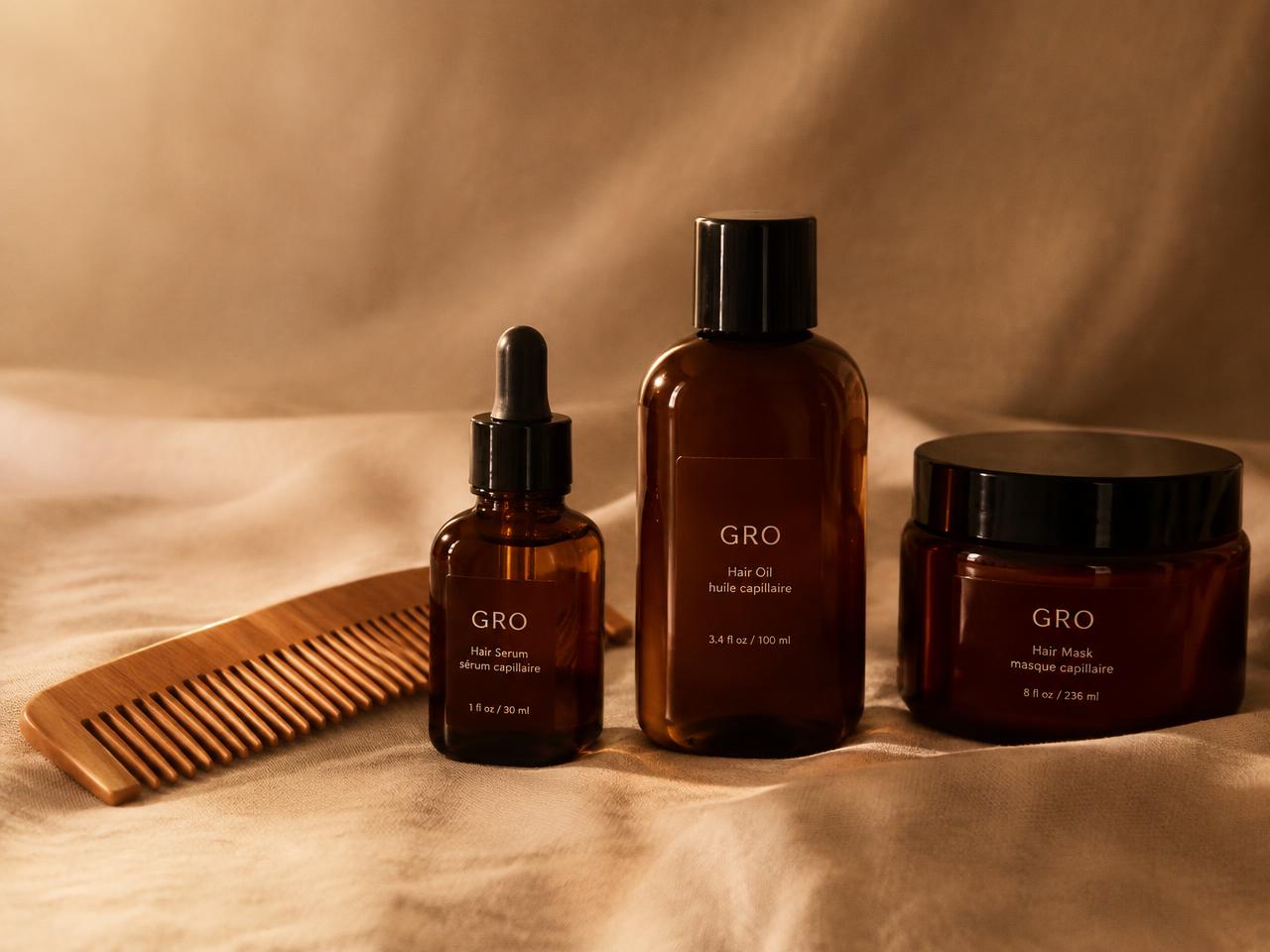 Frascos de cosméticos capilares em tons âmbar